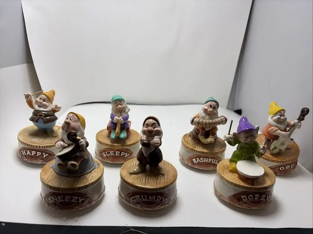 RARE Vintage - Set Schmid Snow White 7 Dwarfs Rotating Music Boxes 1987 Working